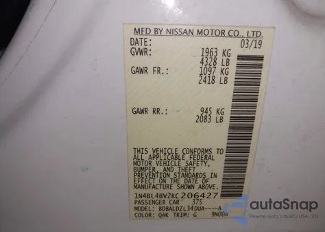 2019 Nissan Altima 2.5 S z USA, uszkodzony, nr VIN 1N4BL4BV2KC206427